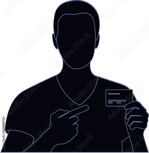 silueta de persona mostrando una tarjeta de débito o tarjeta de crédito, en líneas, usar tarjetas, fondo transparente, png