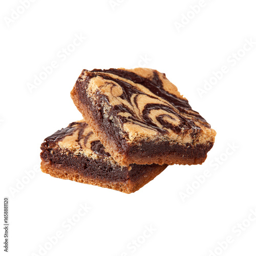 Delicious Swirled Brownies, Two Brownie Squares Isolated on Black Background