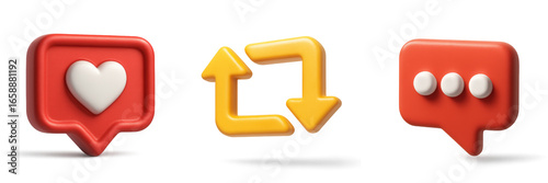 3D Social Media activity icons collection isolated on transparent background: red like heart icon,  yellow repost icon in form of arrows, and red comment icon