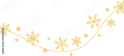 A delicate garland of golden snowflakes and tiny stars, strung together in an elegant curve. Each snowflake is uniquely crafted, showcasing intricate