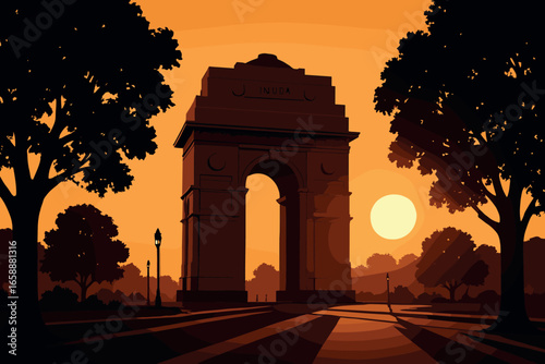 The India Gate stands as a proud archway in the middle distance, its iconic shape symbolizing national pride. Silhouetted trees frame the scene,