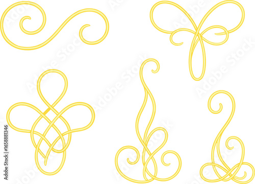 A set of decorative filament designs, each coiled and twisted into artistic forms. These designs float independently, emphasizing their intricate