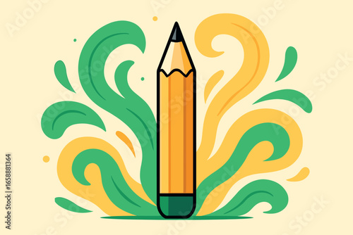A single pencil stands upright, surrounded by swirling abstract shapes in green and yellow. The pencil's sharp point is emphasized, suggesting