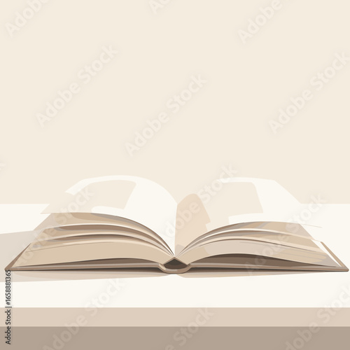 An open book rests on a modern white desk, its pages slightly fanned out. The book's cover is a muted shade, harmonizing with the minimalist