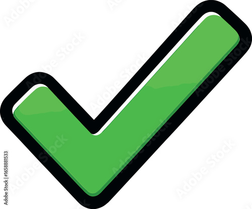 A green check mark with a thick black outline, tilted to the right. This classic symbol of correctness and agreement features a glossy finish,
