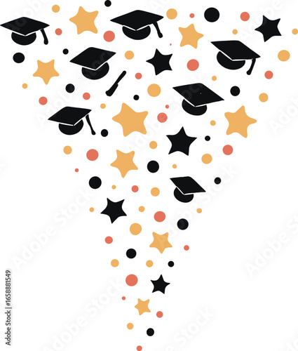 A graduation-themed confetti burst, with star and circle shapes, cascades downward, capturing the essence of celebration and festivity. The confetti