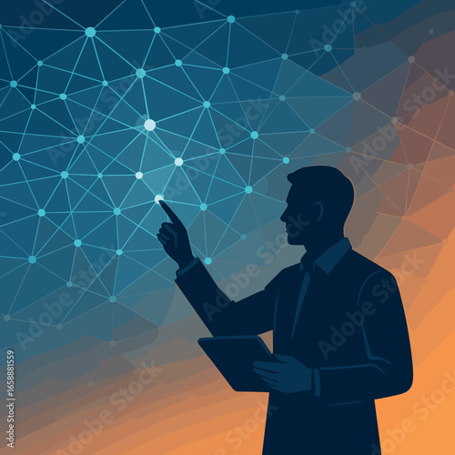An intricate network of interconnected dots and lines forms a web, representing connectivity and information flow. In the foreground, a person