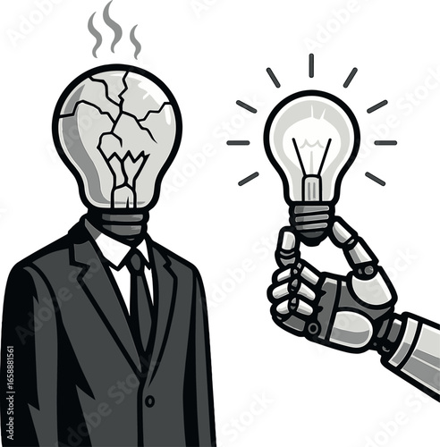 A humanoid figure with a cracked lightbulb for a head stands solemnly, steam rising as it faces a robotic hand. The hand offers a glowing lightbulb,