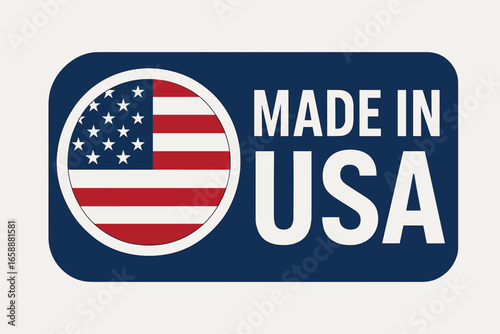 A badge showcasing an American flag design within a circular frame, paired with large 'MADE IN USA' text. The composition is divided, with the flag on