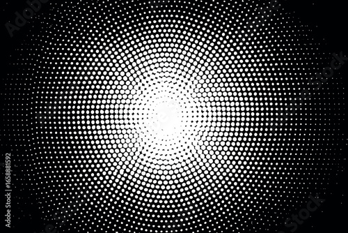 A radial halftone pattern with varying dot sizes radiating from the center, creating a dynamic sense of movement. The composition draws the eye inward