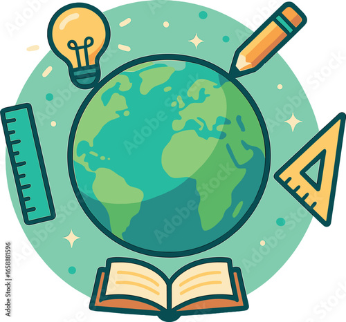 An animated, stylized globe surrounded by floating educational symbols like pencils, rulers, and light bulbs. The globe represents global learning,