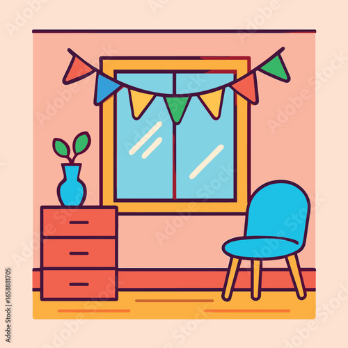 Bunting with colorful flags drapes across the top of the window, infusing the room with a celebratory feel. The playful flag arrangement complements