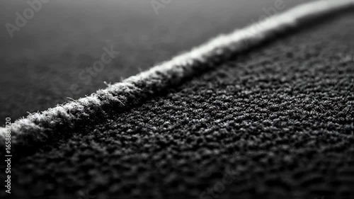 Dramatic Black and White Macro View of a Dark Textured Carpet with a Diagonal Seam