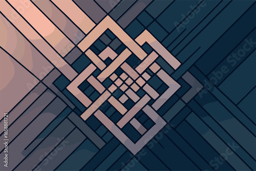 An elegant geometric pattern intertwining with sharp, angular lines. The design centers on a complex latticework, evoking a sense of precision and