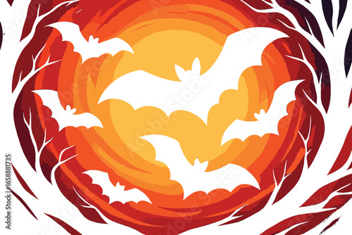 Bats with outstretched wings flying across the design, contributing to the eerie atmosphere. These bats are depicted in silhouette, creating a