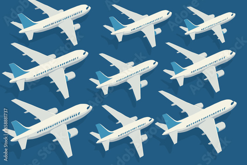 A bird's-eye view of a fleet of airplanes flying in unison, showcasing their symmetry and formation. The layout is designed to emphasize the