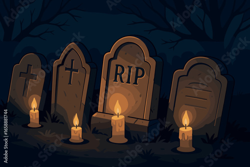 A collection of gravestones lines the foreground, each uniquely shaped and adorned with subtle engravings. They lean slightly, as if weathered by time