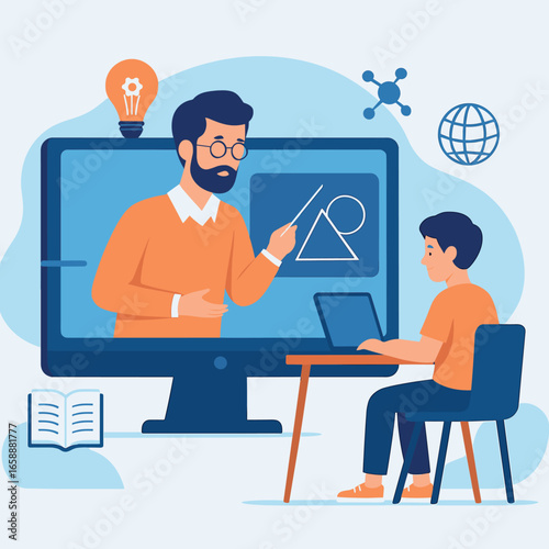 A digital classroom scene with a large computer monitor displaying a virtual teacher in mid-lecture, pointing at a diagram on a digital blackboard.