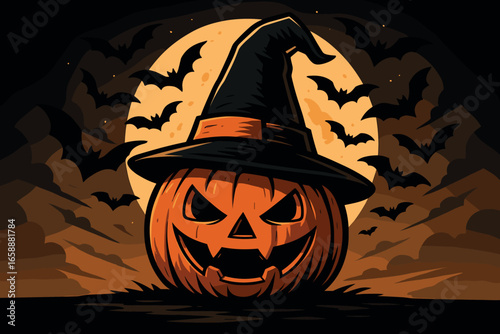 A carved pumpkin with a mischievous grin sits beneath a witch's hat, surrounded by fluttering bats. The composition centers the jack-o'-lantern, with