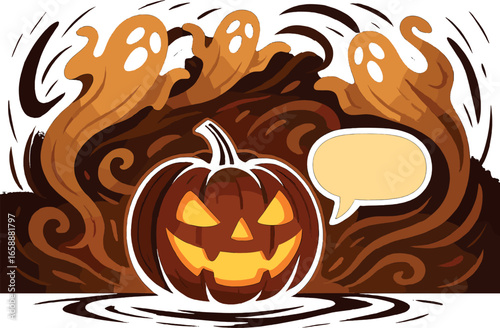 A glowing jack-o'-lantern with a carved mischievous grin sits in the foreground, its light illuminating the scene. Surrounding it are swirling ghostly