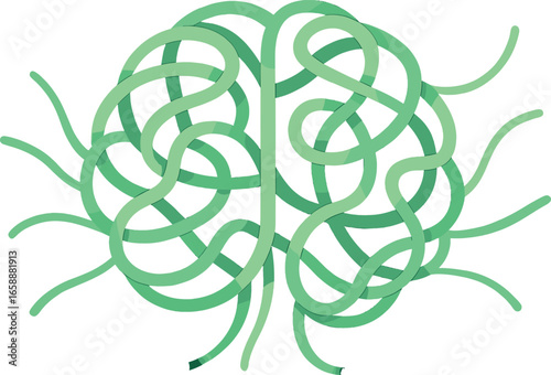 An abstract depiction of a brain, composed of intertwining green ribbons. The ribbons form complex loops and connections, illustrating the intricacies