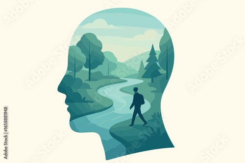A large silhouette of a head filled with a flowing river and trees, suggesting a journey or path to peace. A figure walks along the riverbank inside