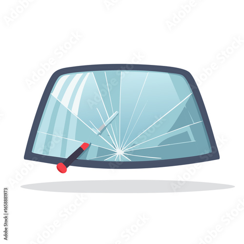 Vehicle Windshield with Cracks and Glass Damage with Hammer Isolated Transportation safety and vehicle accidents or mishaps concept