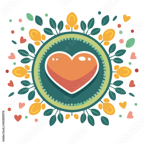 Stylized heart centered within circular frame adorned with leaves and floral accents, evoking warmth and sentiment
