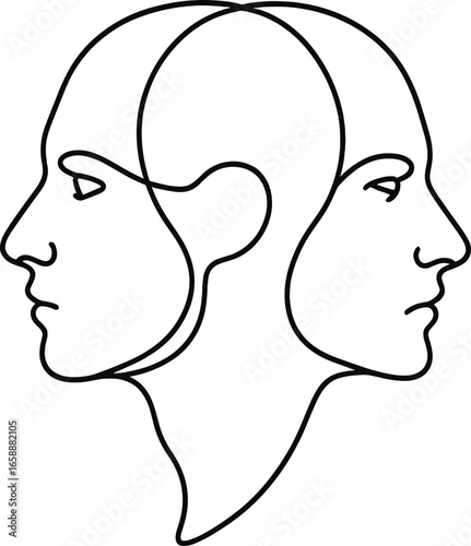 Two overlapping profiles facing opposite directions, symbolizing duality or inner conflict. The continuous line art creates a seamless connection