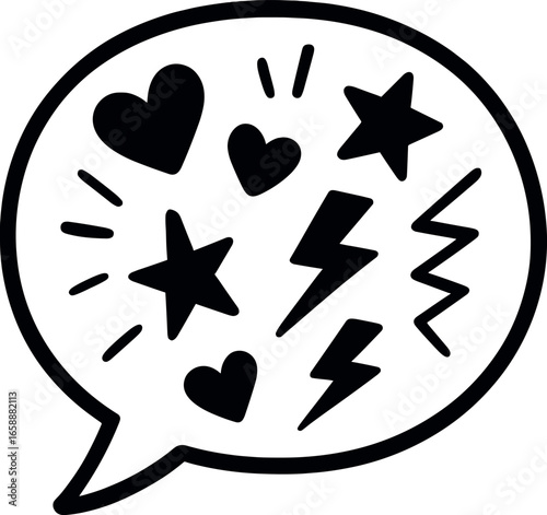 A single speech bubble bursting with emotive symbols such as hearts, stars, and zigzags, representing a mix of emotions and actions. The thick,