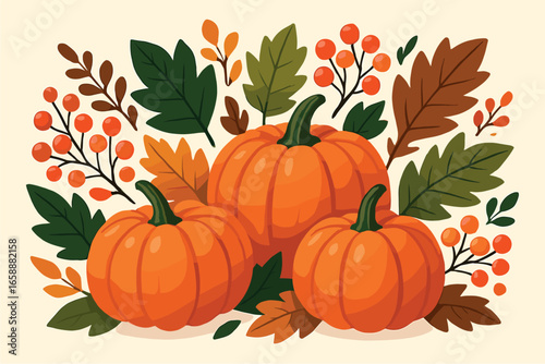 Clusters of red and orange berries are interspersed among the leaves and pumpkins, adding pops of color and texture. The round berries create a