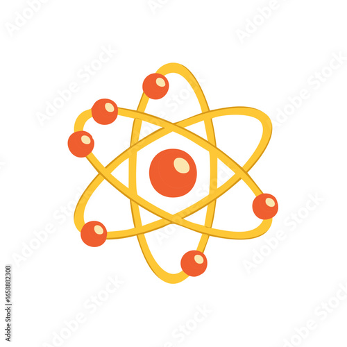 Cartoon Atomic Structure Illustration of Orange Nucleus Orbiting with Electrons