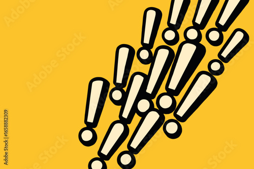 A series of exclamation marks cascades from the top right corner, punctuating the space with urgency and excitement. The arrangement suggests volume