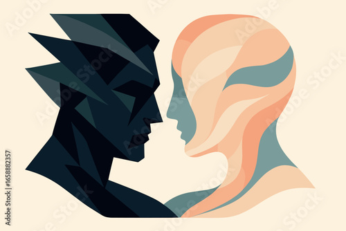 An abstract composition displays two profiles facing each other, one composed of sharp, angular shapes in dark tones, and the other of soft, curving