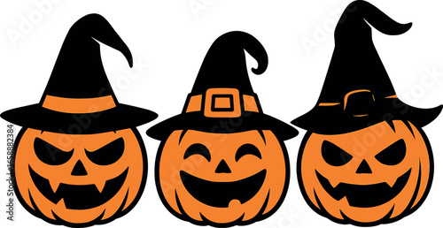 A trio of spooky pumpkins with varying expressions and distinct witch hats form a lively Halloween ensemble. Each pumpkin displays unique facial