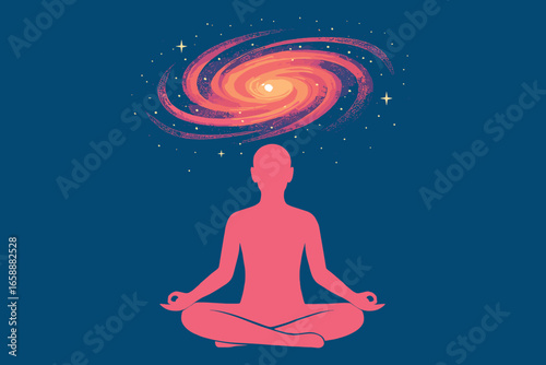 A pink human silhouette sitting cross-legged, with a swirling galaxy above its head, symbolizing limitless imagination. The figure is centered in a