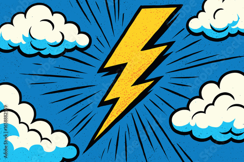 A vibrant comic-style lightning bolt striking through a bright blue sky, surrounded by animated clouds. The bold yellow of the lightning contrasts