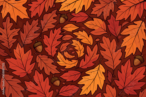 A collection of autumn leaves in various shades of red, orange, and yellow, arranged in a swirling pattern. The leaves overlap and intertwine,