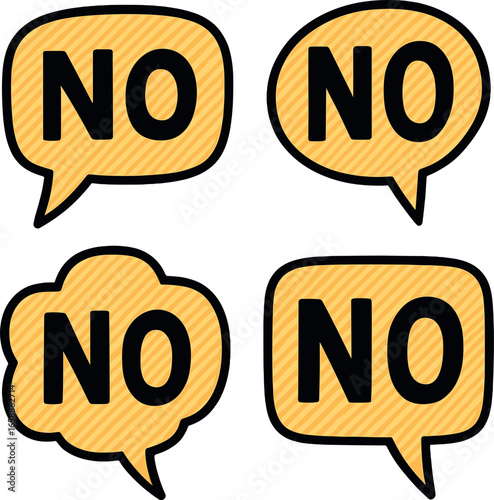 Speech bubbles showcasing 'NO' in solid, black letters. Each bubble is uniquely shaped, filled with bright yellow and outlined in black, with diagonal