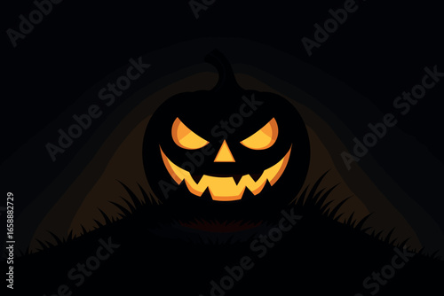 A sinister pumpkin with a glowing grin sits on a hill of dark grass, its light casting eerie shadows. This jack-o'-lantern is the focal point, with