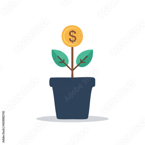 Dollar coin growing as plant with leaves in pot, financial investment and growth concept