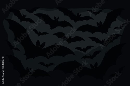 A collection of bats in various sizes flutters across the top of the design. Their wings spread wide, casting shadows as they soar through the night