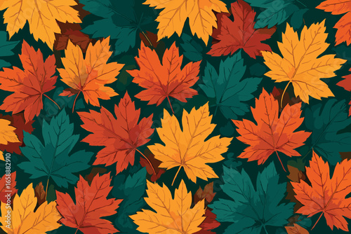 A detailed pattern of overlapping tree foliage, featuring a rich palette of fall colors ranging from bright yellow to deep teal. The composition is