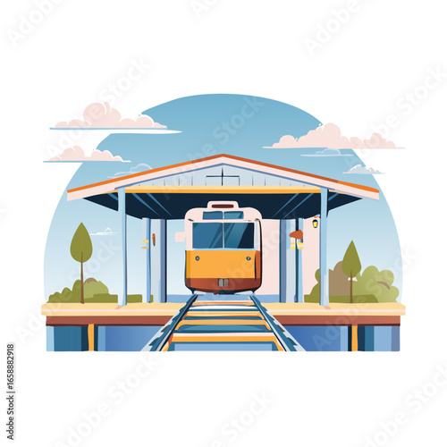 Vintage train at the station platform, railroad tracks and city transport in vector illustration