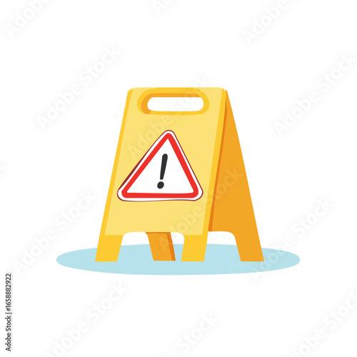 Vector illustration of yellow wet floor warning sign with an exclamation mark and puddle