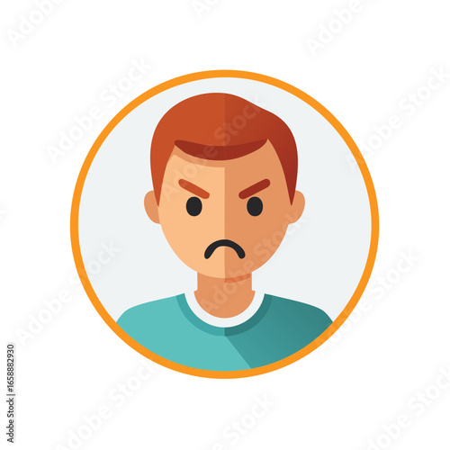 Illustration of an angry person's facial expression inside a circle expressing negative emotions and showing frowning face with anger.