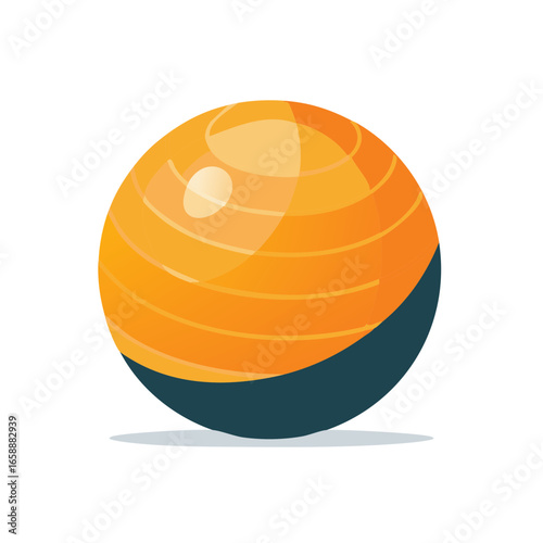 Inflated orange pilates ball with horizontal stripes on blue semi-circle base. Fitness equipment.
