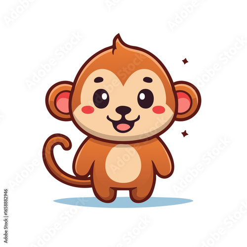 Cute cartoon monkey standing upright with a friendly smile and twinkling stars around it.