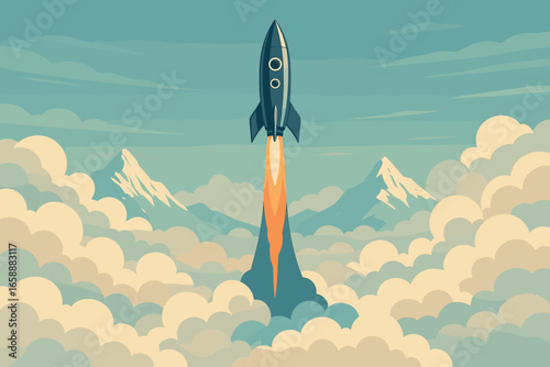 A sleek rocket ascends through fluffy clouds, leaving a trail of orange and blue, set against a serene sky. Snow-capped mountains peek through the