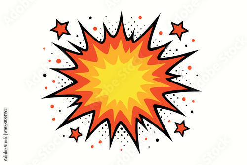 A comic-style explosion with jagged edges emanating from a central point, filled with vibrant shades of yellow, orange, and red. The explosion is